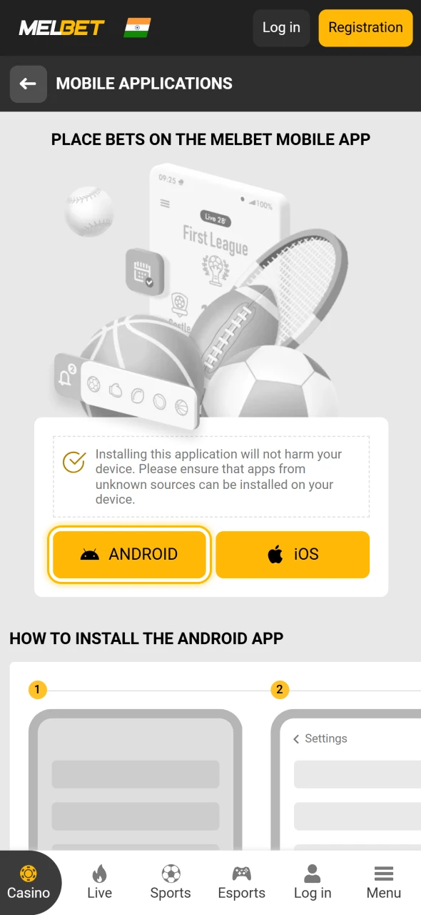 Indian users obtain the Melbet APK file directly through the app download section.
