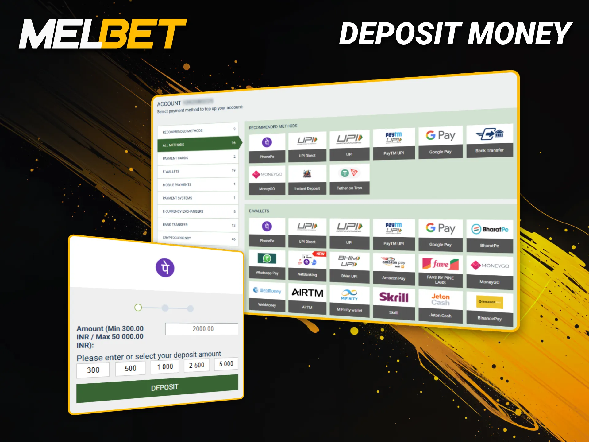 Deposit money into your Melbet India account quickly and easily.
