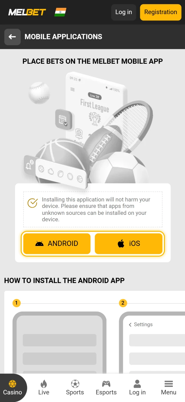 Indian bettors download the Melbet app to start using casino features.