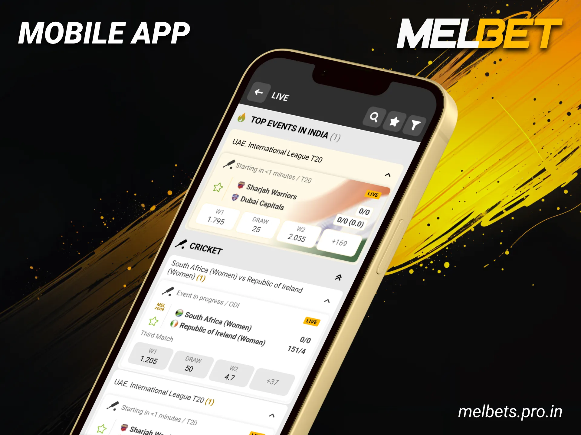 Download our app and boost your winnings in cricket at Melbet.
