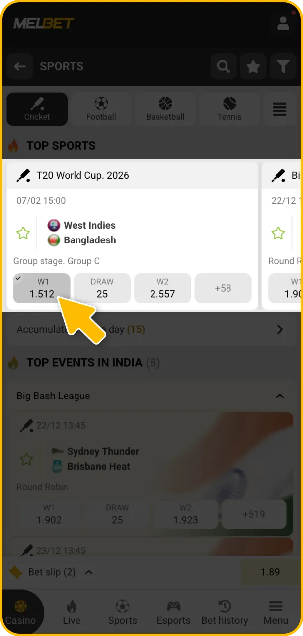 Place your cricket bets and win today at Melbet.