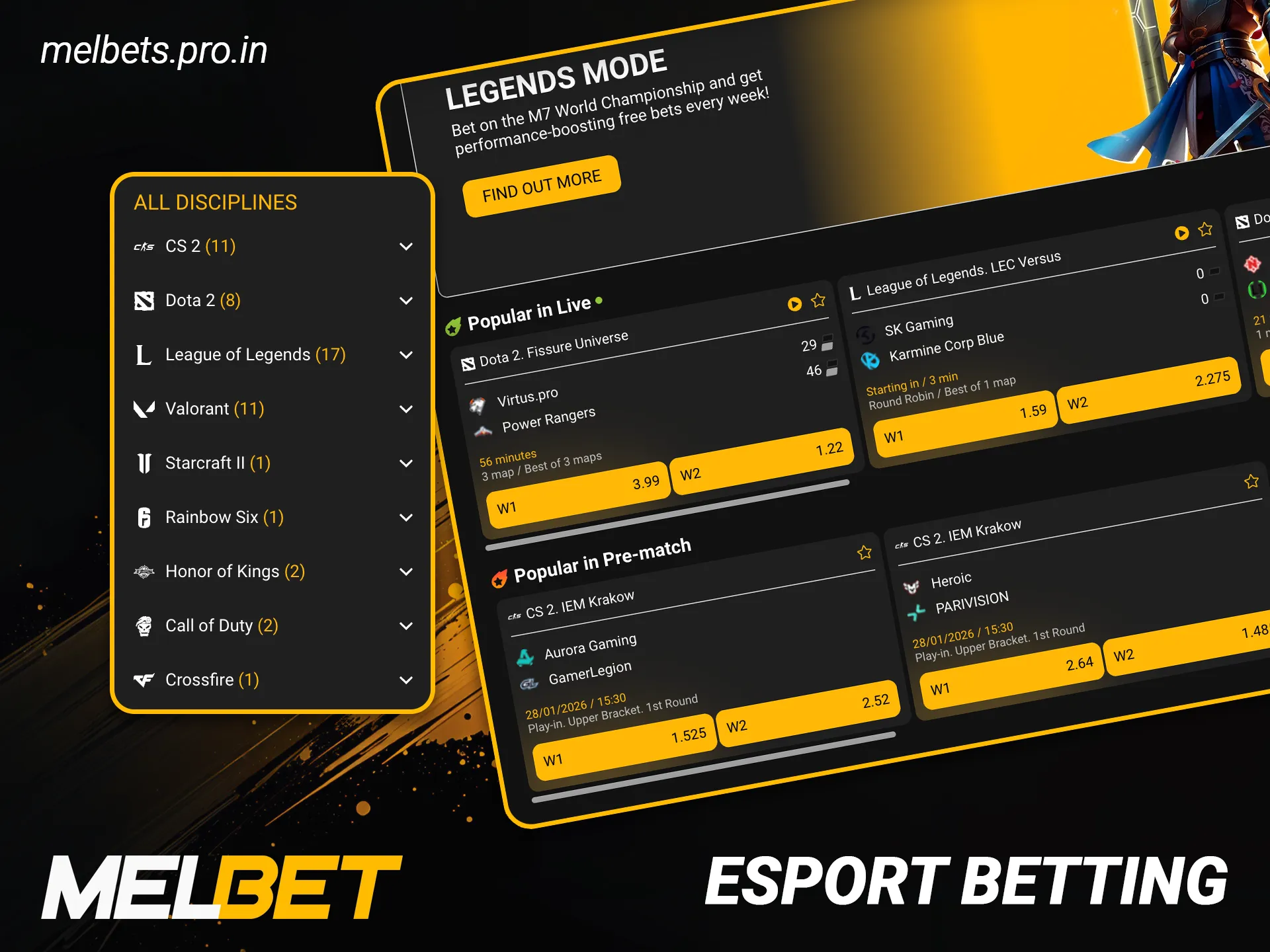 Place your bets on esport betting events at Melbet India.