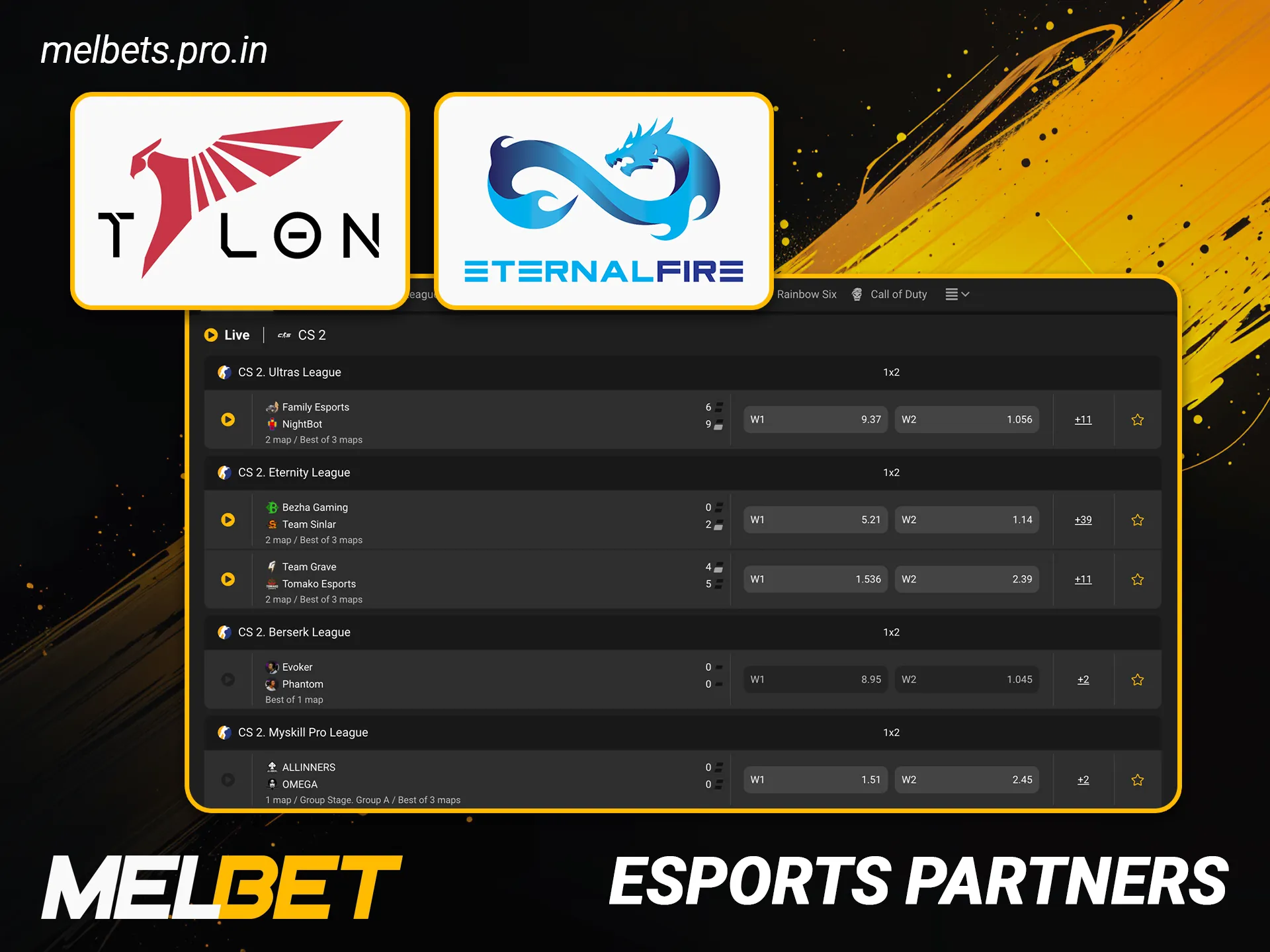Review the Melbet esports partners and supported gaming tournaments.