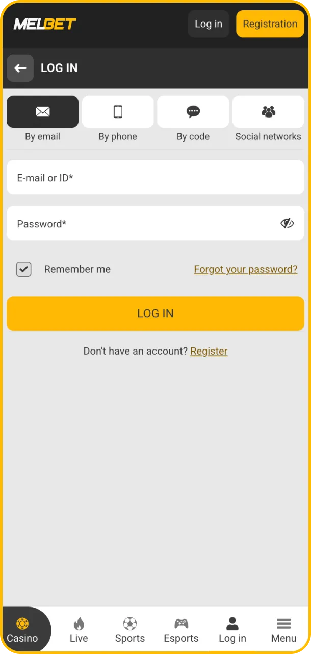 Log in to your account to access Melbet Slot games instantly.