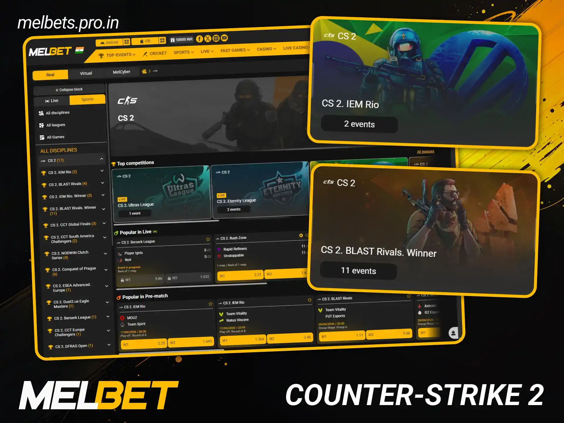 Follow biggest CS2 tournaments with Melbet eSports.