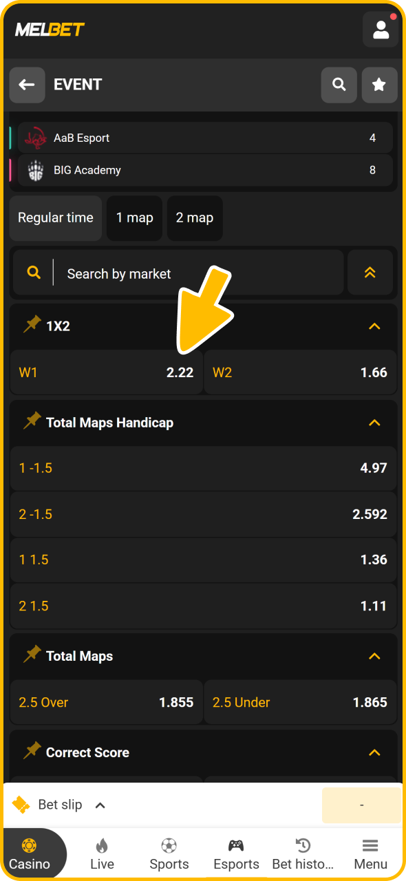 Choose eSports match and market to place bet on at Melbet sportsbook.