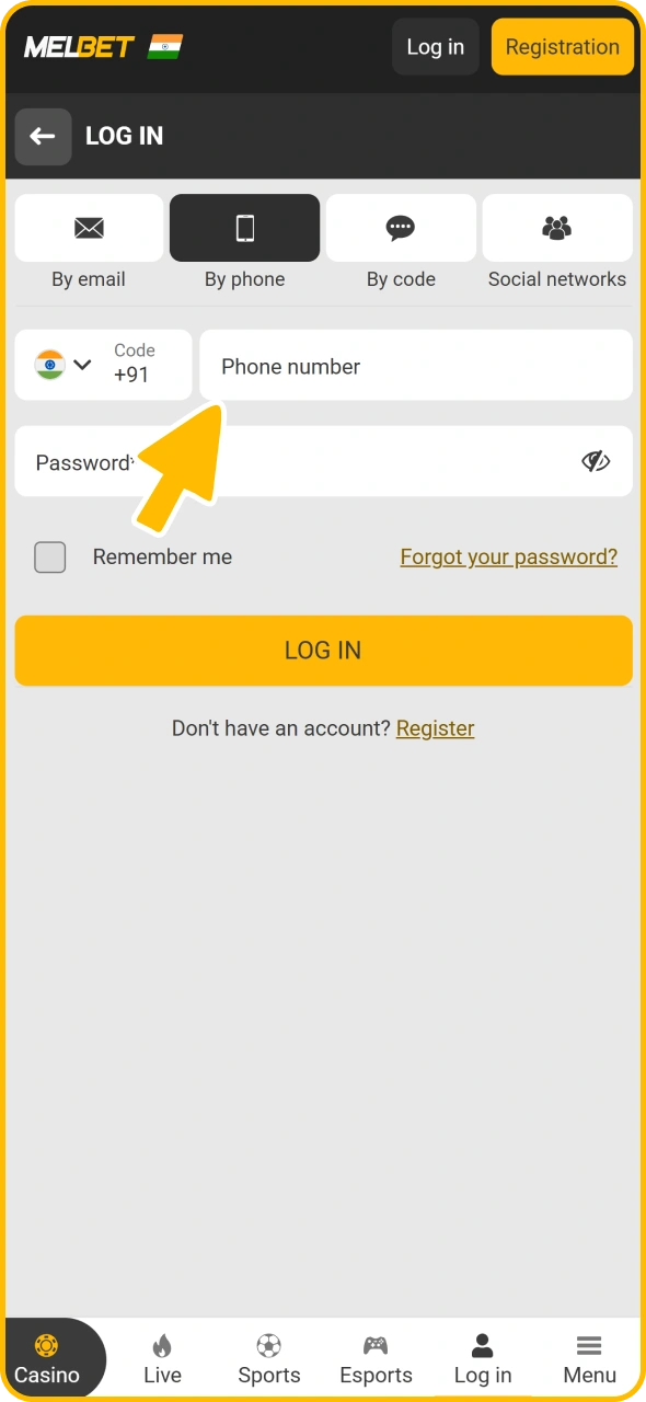 Log into your created Melbet account to start betting on football.