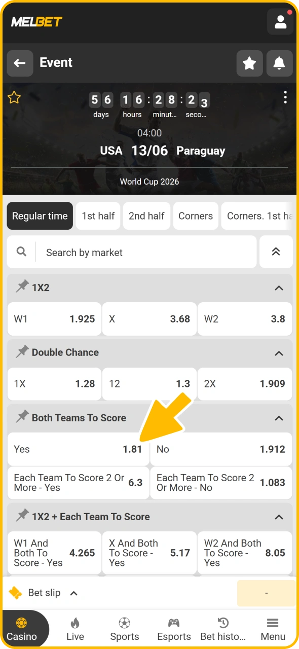 Tap on selected market to place football bet at Melbet.