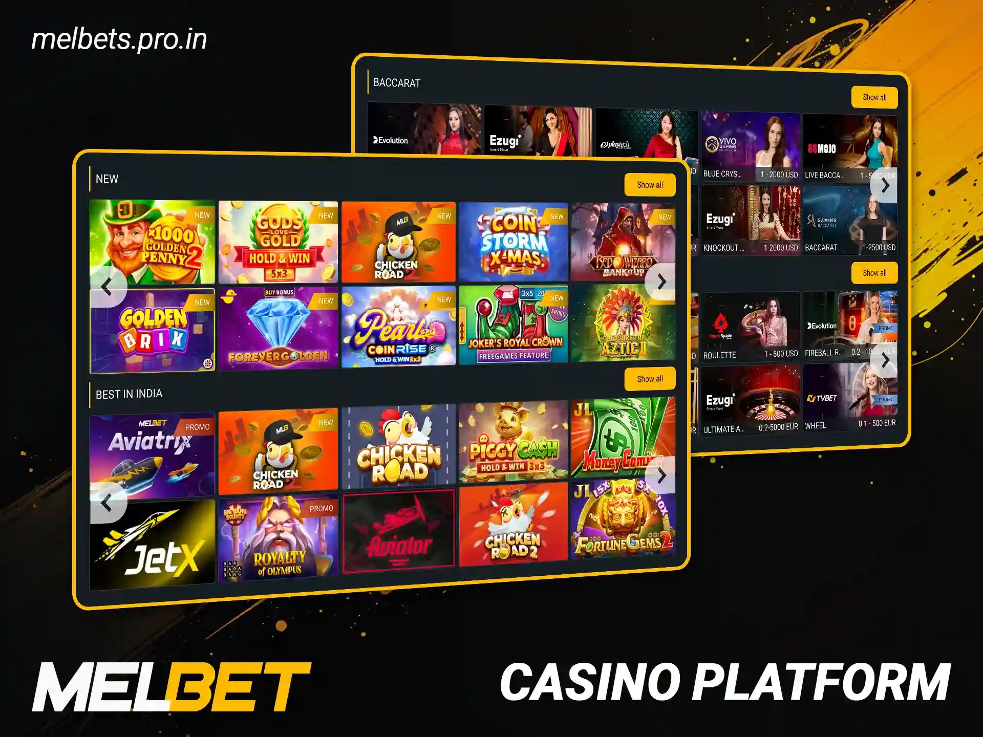 Play top games on the Melbet casino platform in India.