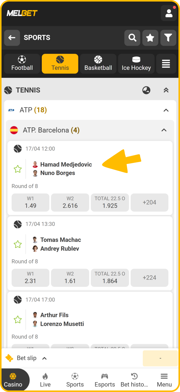 Select tennis tournament to bet on at Melbet sportsbook.