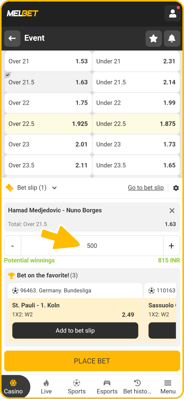 Finish betting by entering tennis bet amount and confirming it at Melbet.