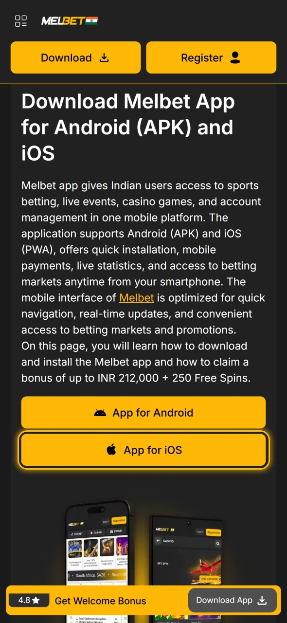 Tap on this button to get Melbet iOS PWA app.